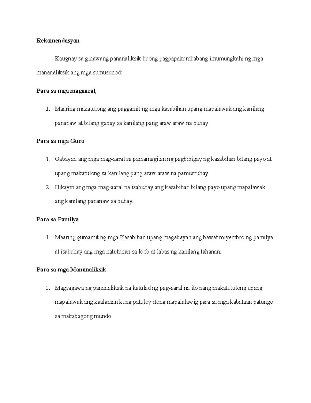 Rekomendasyon Sa Paggamit Ng Kasabihan Para Sa Edukasyon At Pamilya