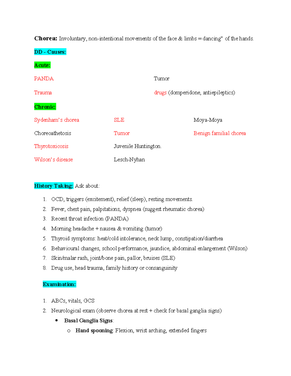 Chorea: Involuntary Movements & Differential Diagnosis Notes - Studocu