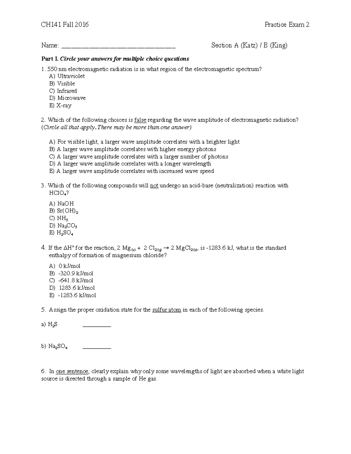 CH141 Fall 2016 Practice Exam 2: Comprehensive Review Guide - Studocu