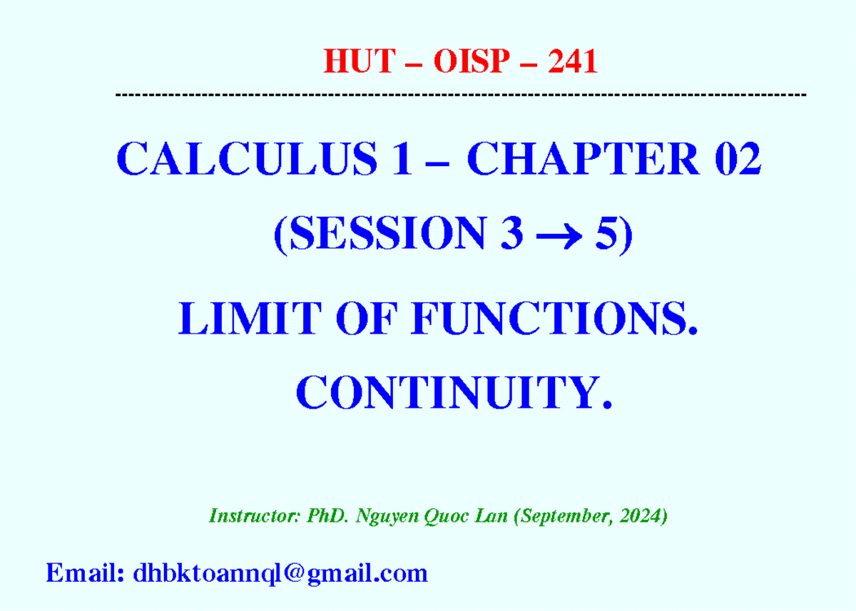 Limit & Continuity - Calculus I (CAL1 E-241) - Chapter 2 Notes - Studocu
