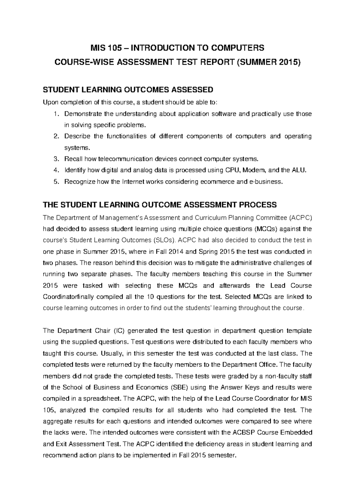 MIS 105 Summer 2015 Assessment Test Report & Learning Outcomes - Studocu