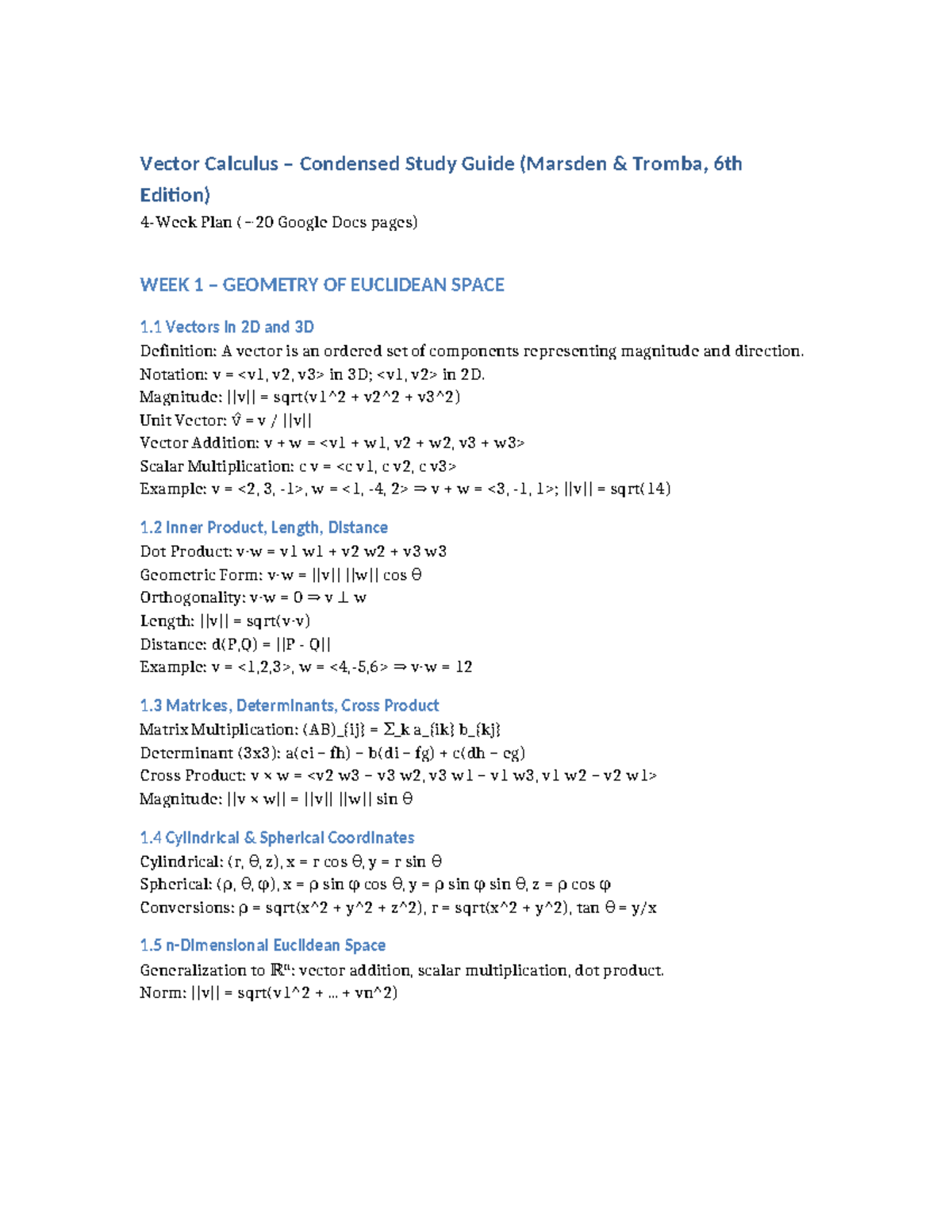 Vector Calculus Study Guide (MATH 301) - Week 1 Overview - Studocu
