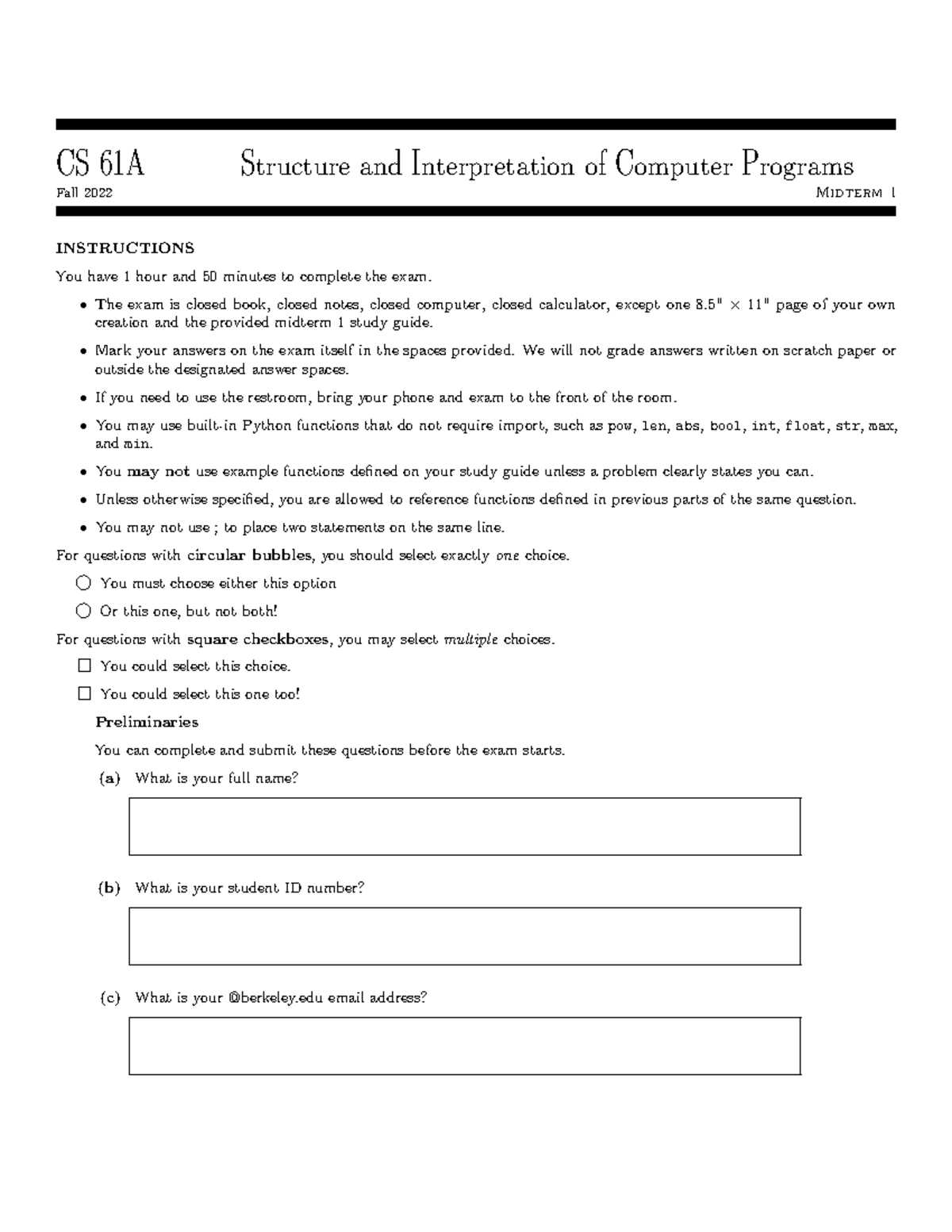 CS 61A FA22 Midterm 1 - Past Exam Questions and Study Guide - Studocu
