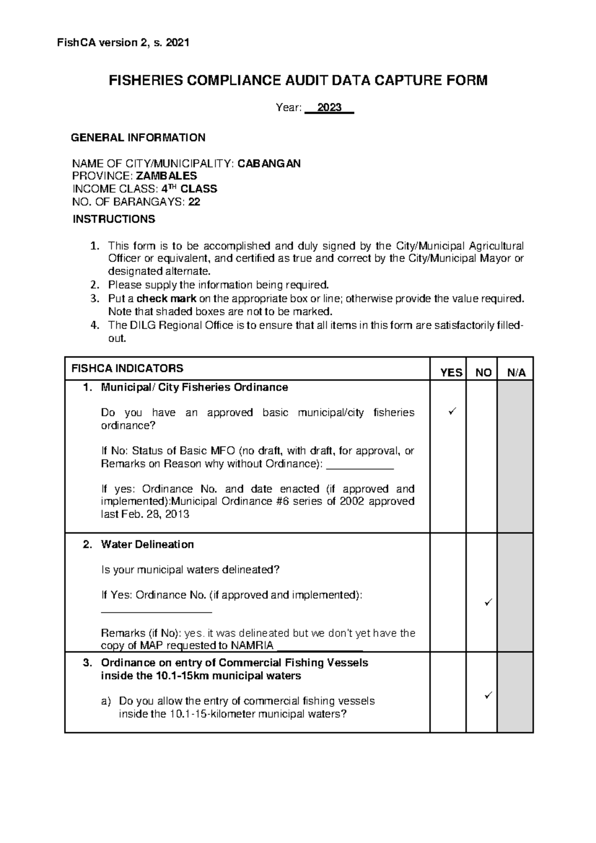 Fisheries Compliance Audit Data Capture Form - Cabangan, Zambales 2023 ...