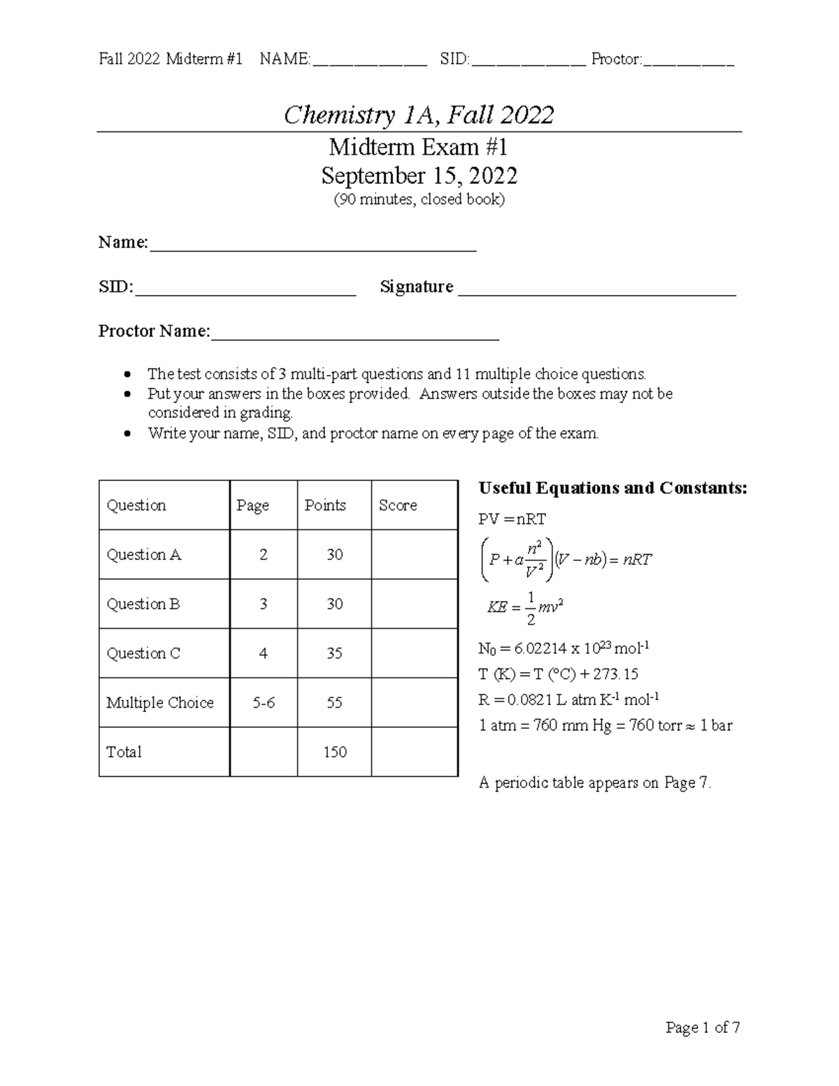 Chem 1A MT1 F22 - Midterm Exam Questions and Guidelines - Studocu