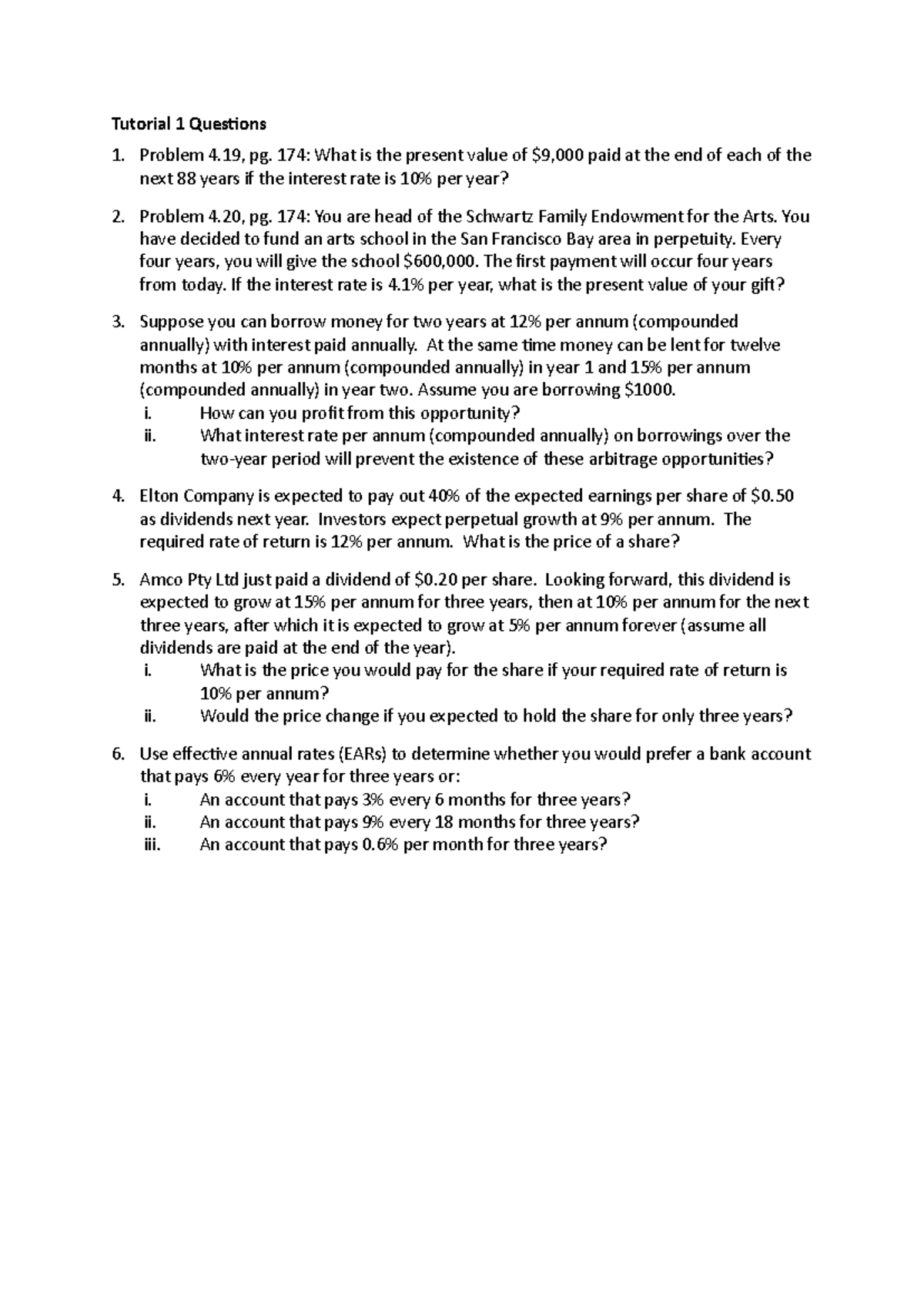 Tutorial 1 Questions on Present Value and Investment Analysis - Studocu