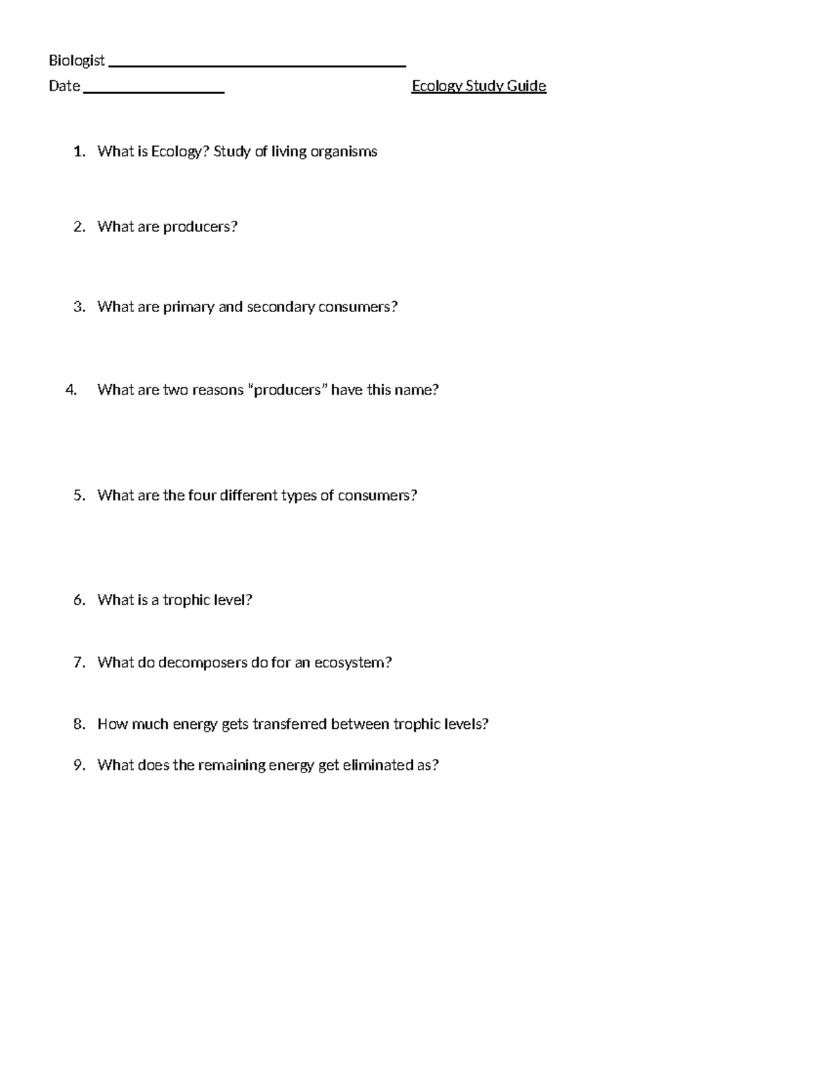 ECOL 2023 - Ecology Study Guide: Key Concepts & Definitions - Studocu