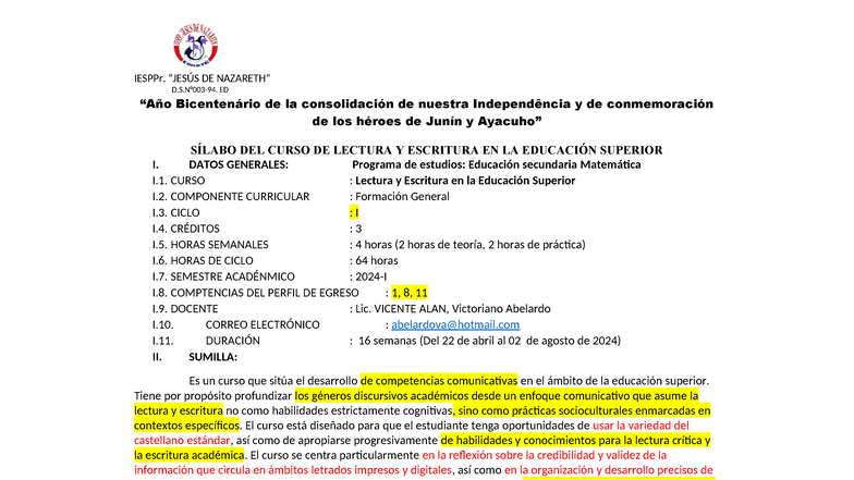 Sílabo de Lectura y Escritura en la Educación Superior I - 2024-I - Studocu