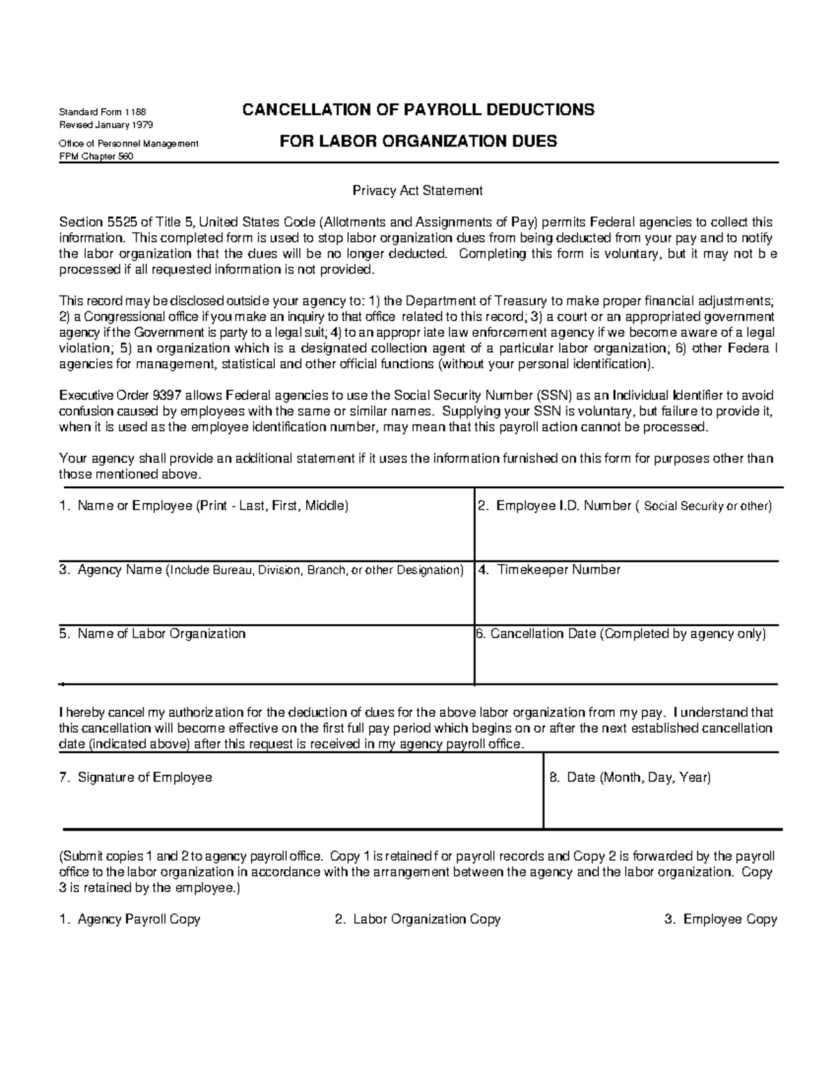 SF1188 Cancellation of Payroll Deductions for Labor Org. Dues - Studocu