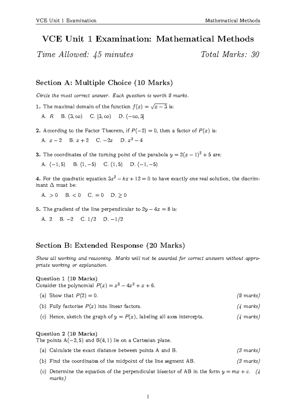 VCE Unit 1 Exam Practice: Mathematical Methods Questions - Studocu