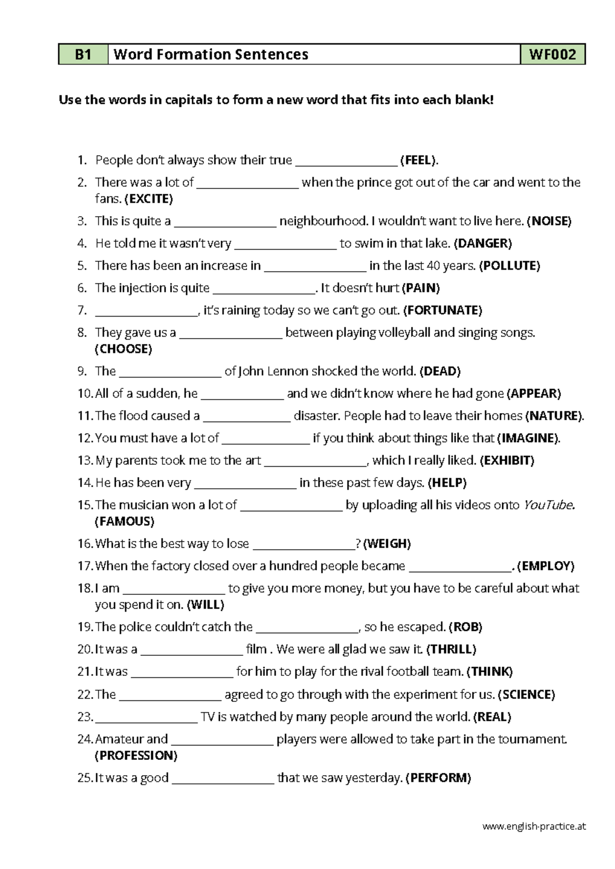 B1 WF002 Word Formation Sentences Exercises and Answers - Studocu