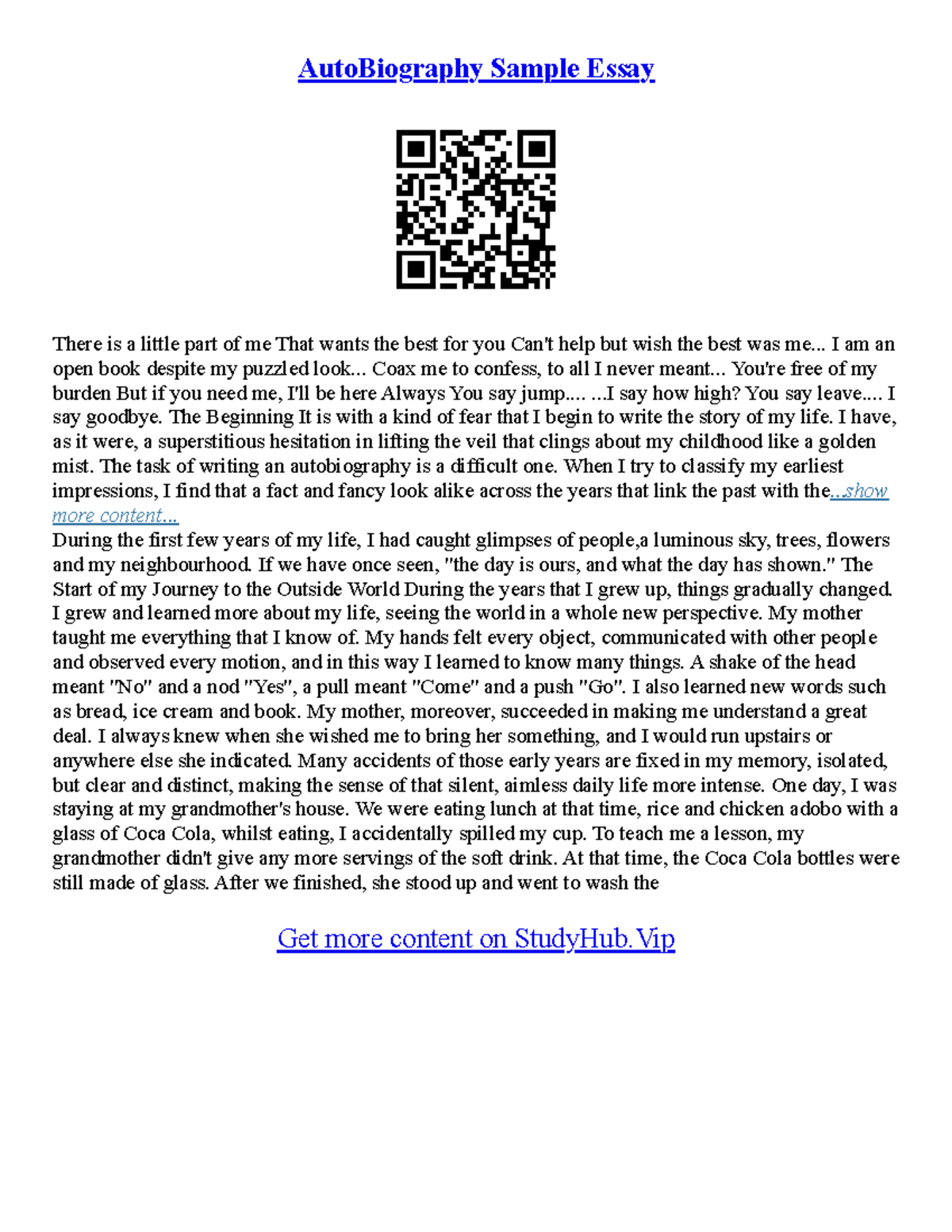 Autobiography Essay Example for College Applications and Classes - Studocu