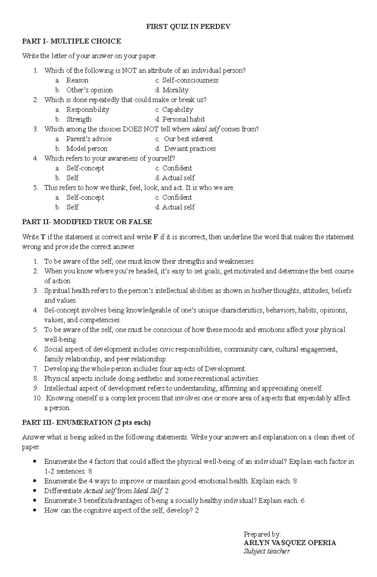 SUMMATIVE QUIZ IN PERSONAL DEVELOPMENT (PERDEV) - SEPT 26, 2024 - Studocu