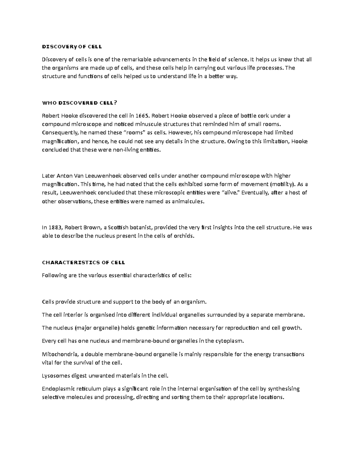 Studoc 2 - Cell Biology Overview and Historical Discoveries - Studocu