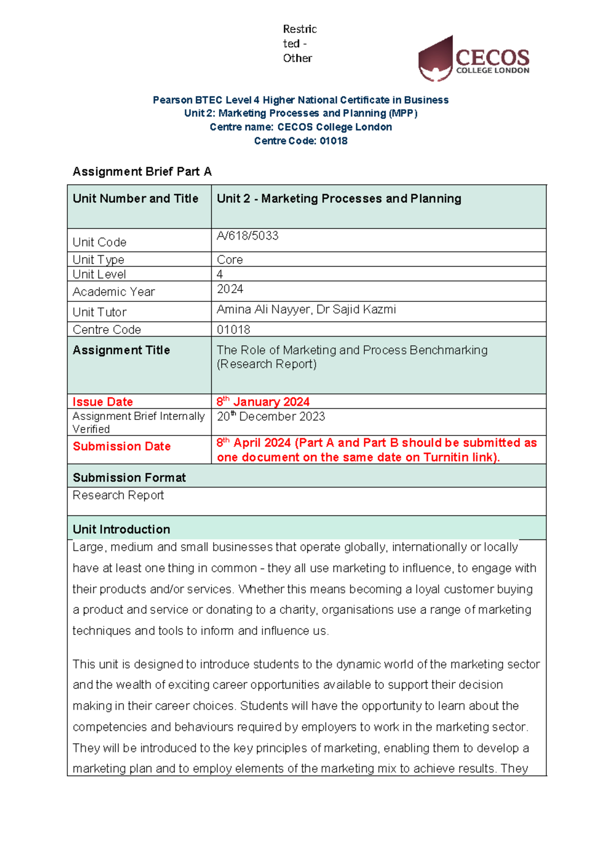Unit 2 MPP Research Report: Role of Marketing & Process Benchmarking ...