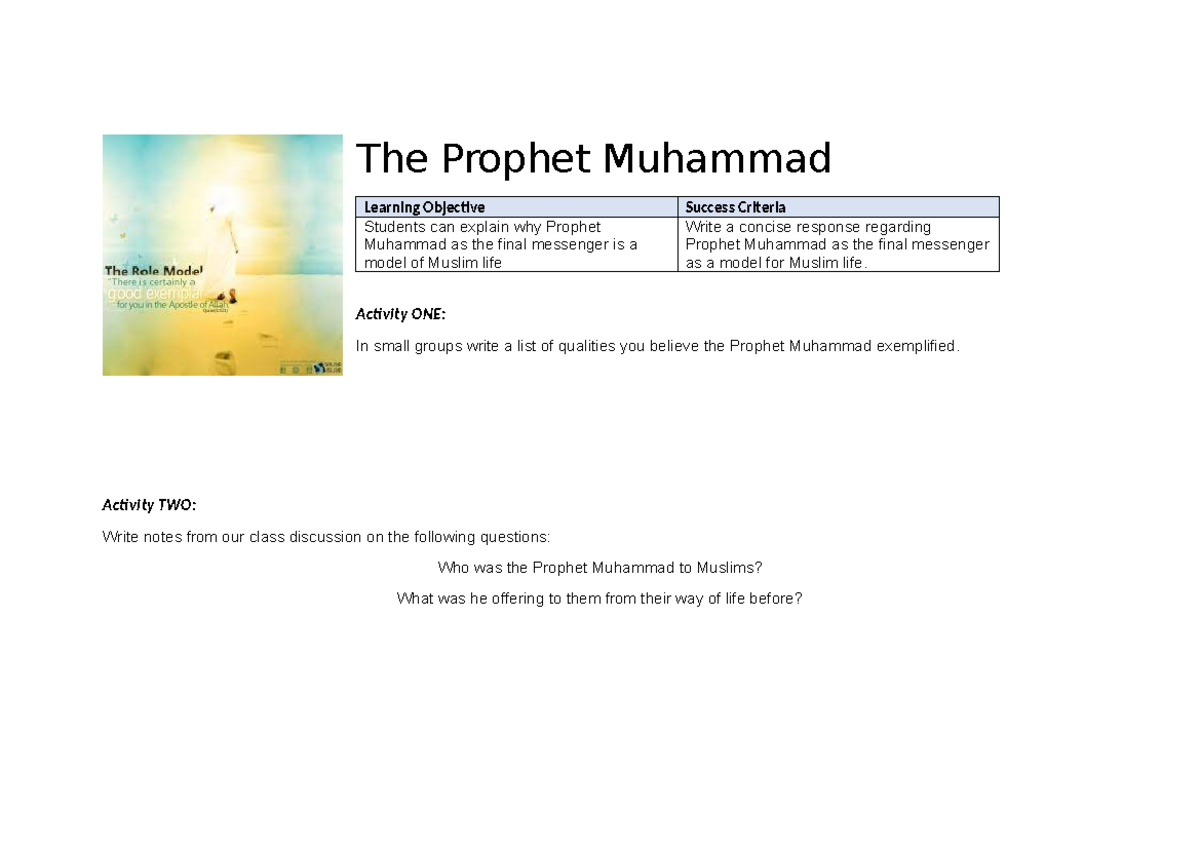 Prophet Muhammad as a Model for Muslim Life: Class Lecture Notes - Studocu