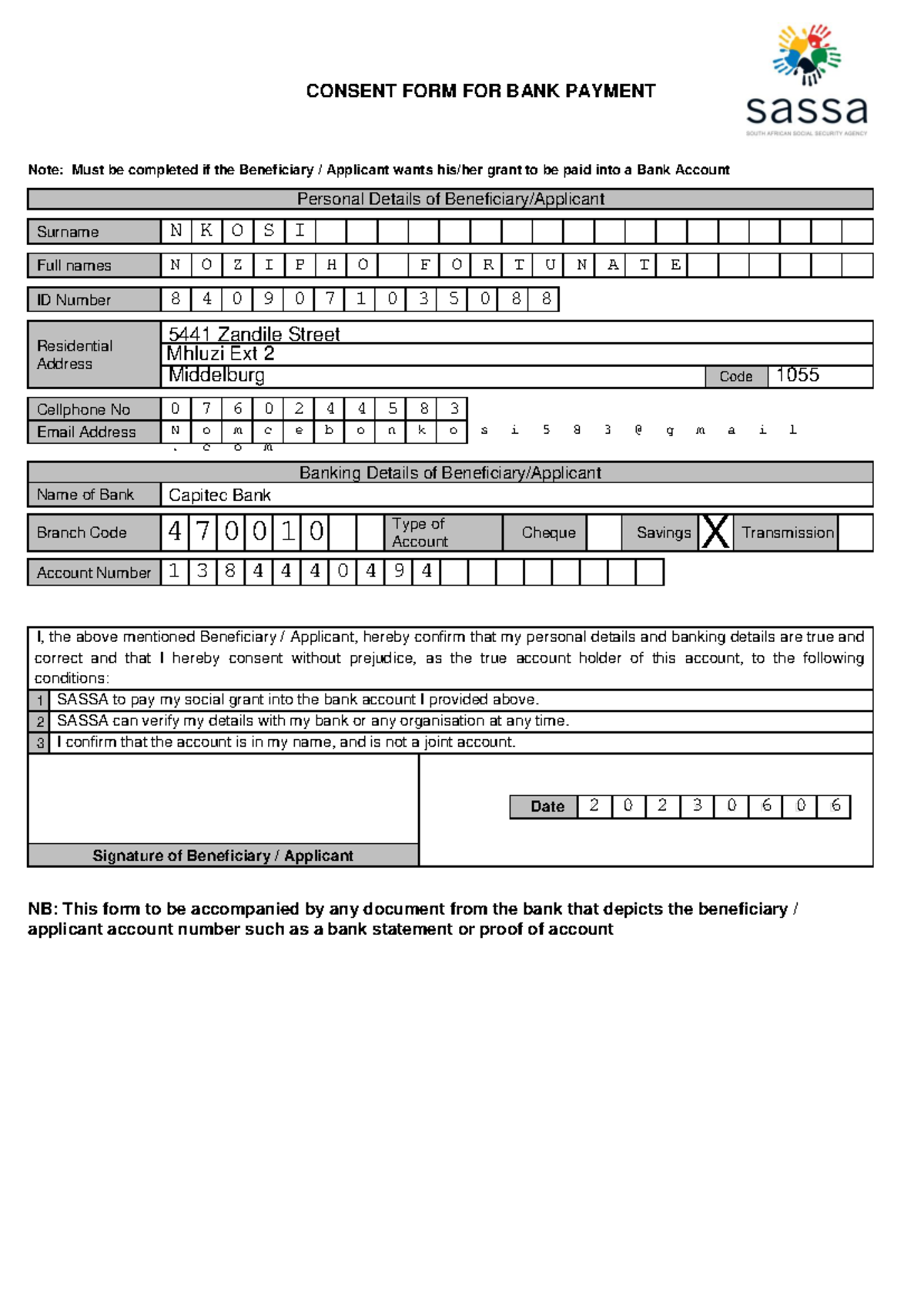 Consent Form for Bank Payment - SASSA Grant Verification - Studocu