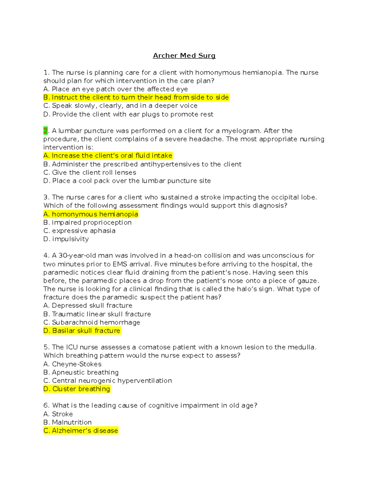 Med Surg Exam 1 - Comprehensive Review of Key Nursing Concepts - Studocu