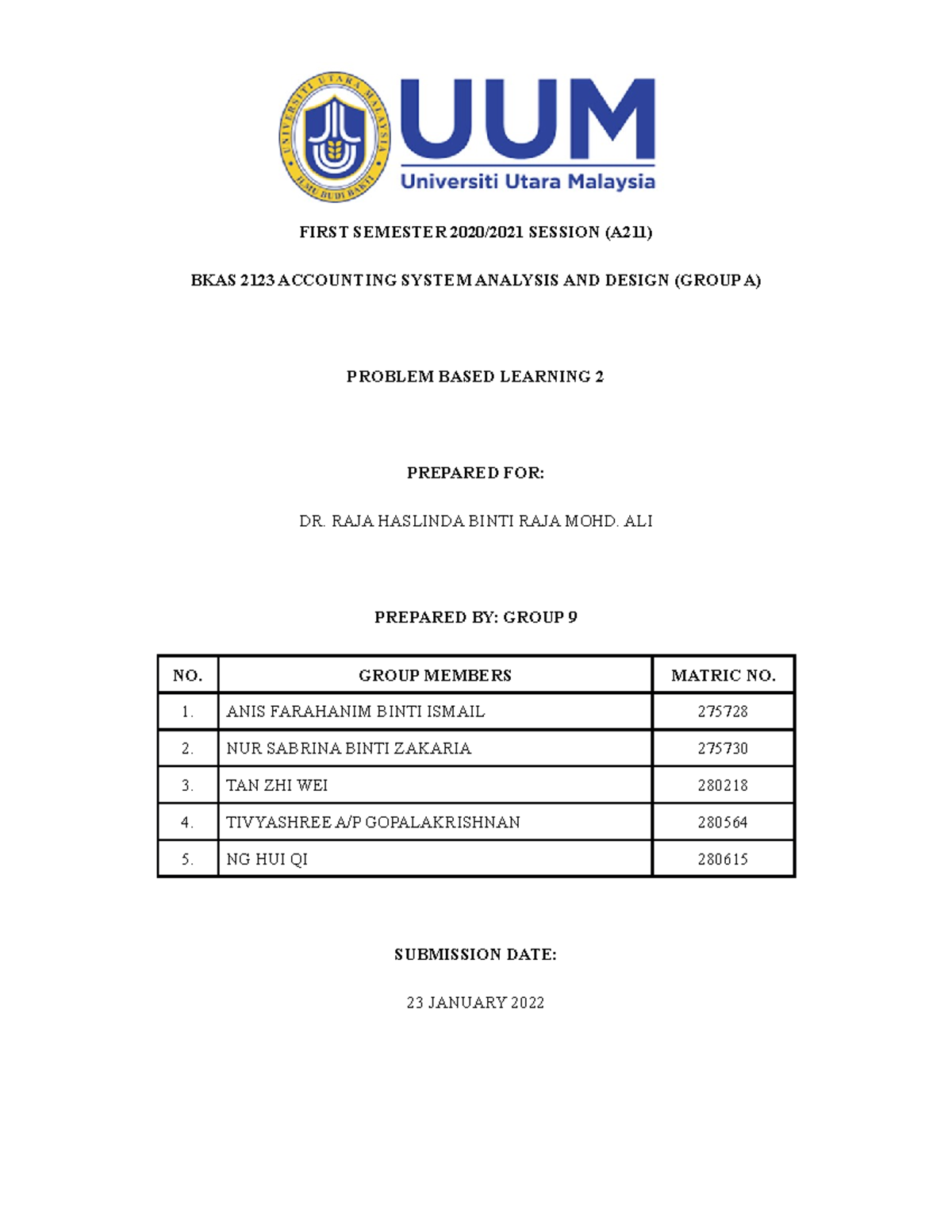 Problem Based Learning 2 (A211) - Accounting System Analysis Report ...