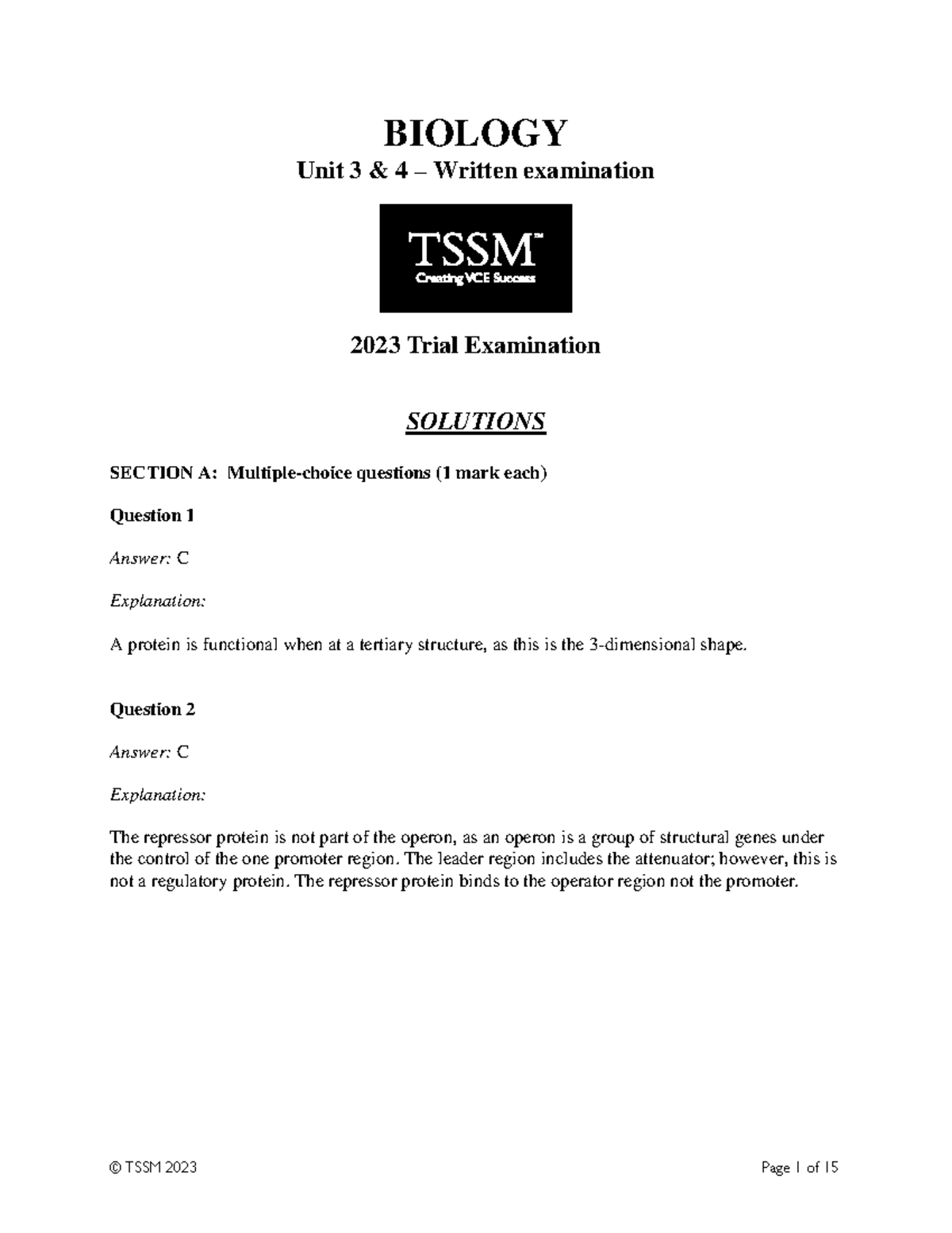 2023 Biology Unit 3 & 4 Trial Exam Solutions - Studocu