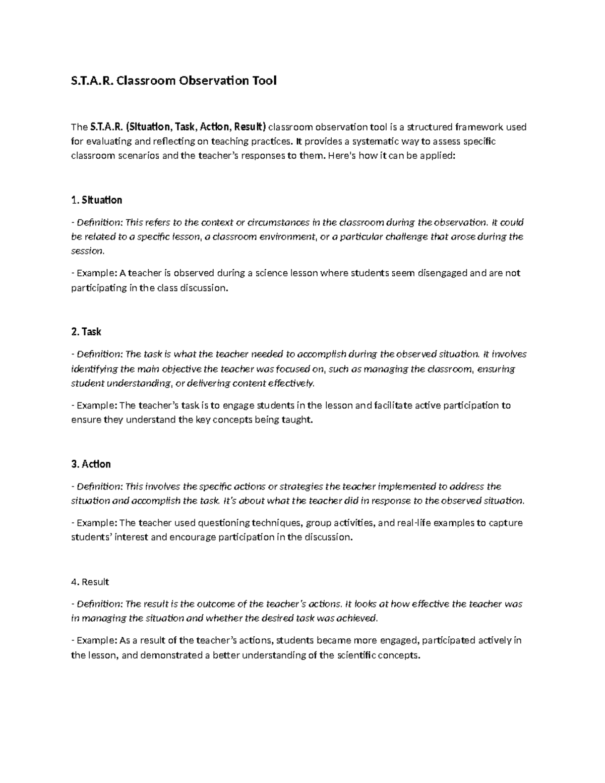 S.T.A.R. Classroom Observation Tool: Evaluating Teaching Practices ...