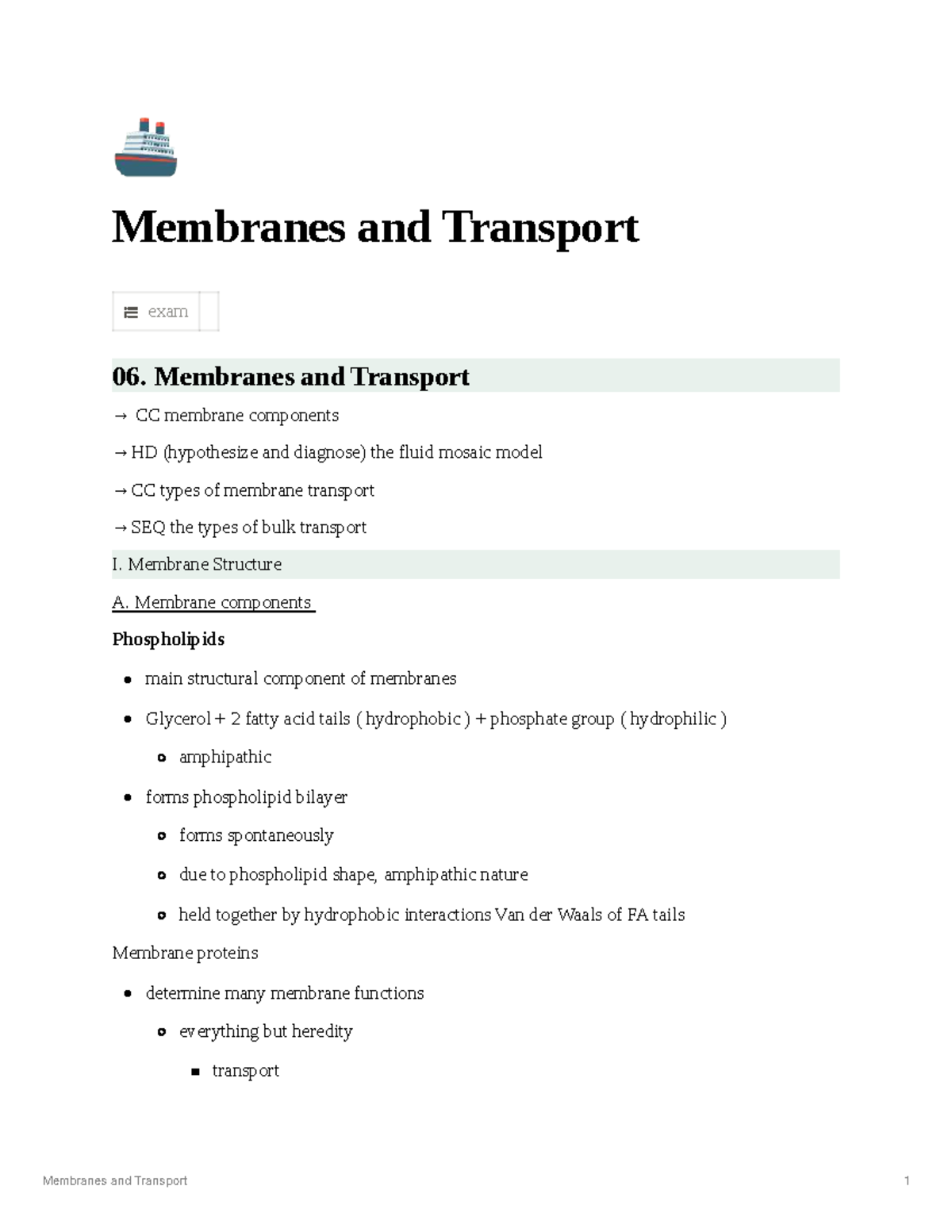 Membranes and Transport Exam 06: Structure and Transport Mechanisms ...