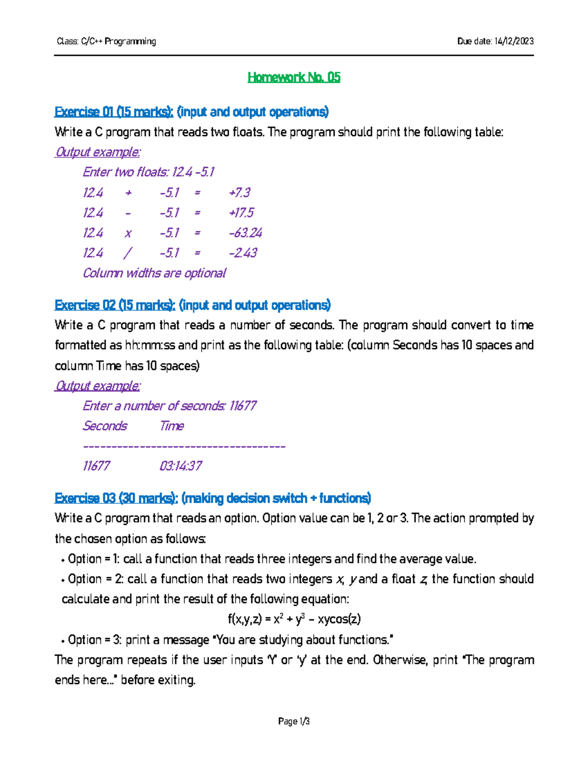 Homework No-05 - Class: C/C++ Programming Due date: 14 / 12 /202 3 Page ...