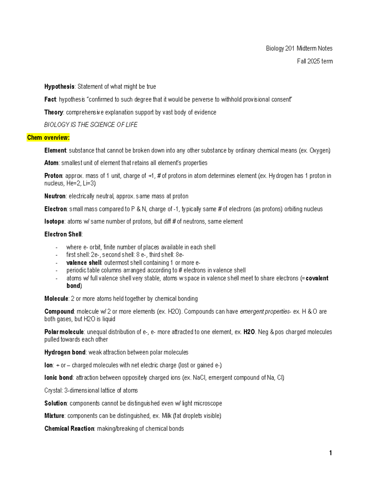 Biology 201 Midterm Study Guide: Key Concepts and Definitions - Studocu