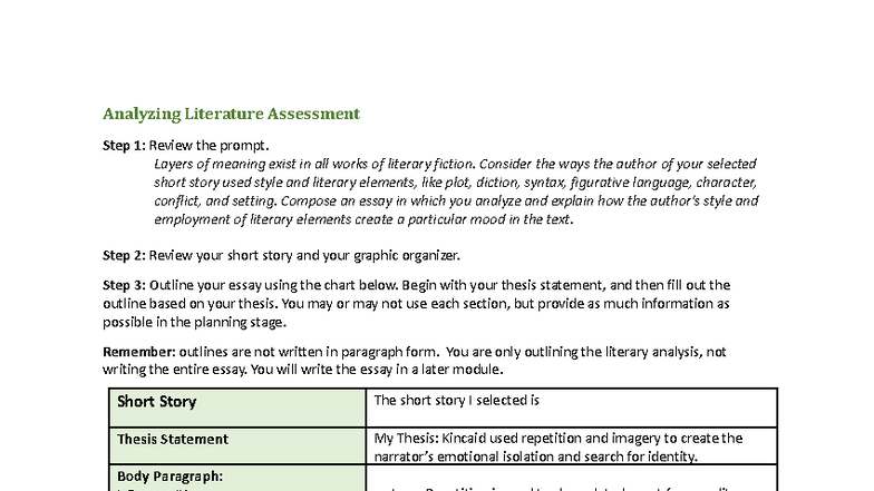 Analyzing Literary Elements in Kincaid's Short Story - 1.03 Assessment ...