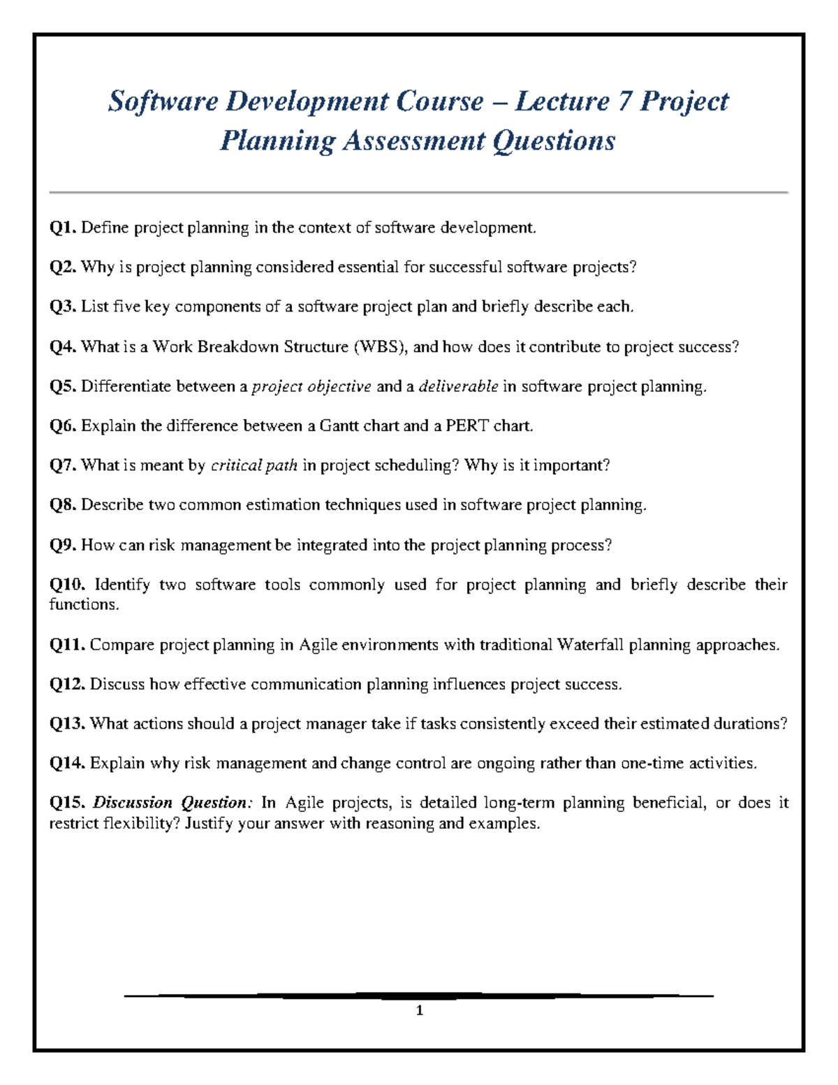 Software Development Course (SDC 101) Lecture 7: Project Planning Q&A ...
