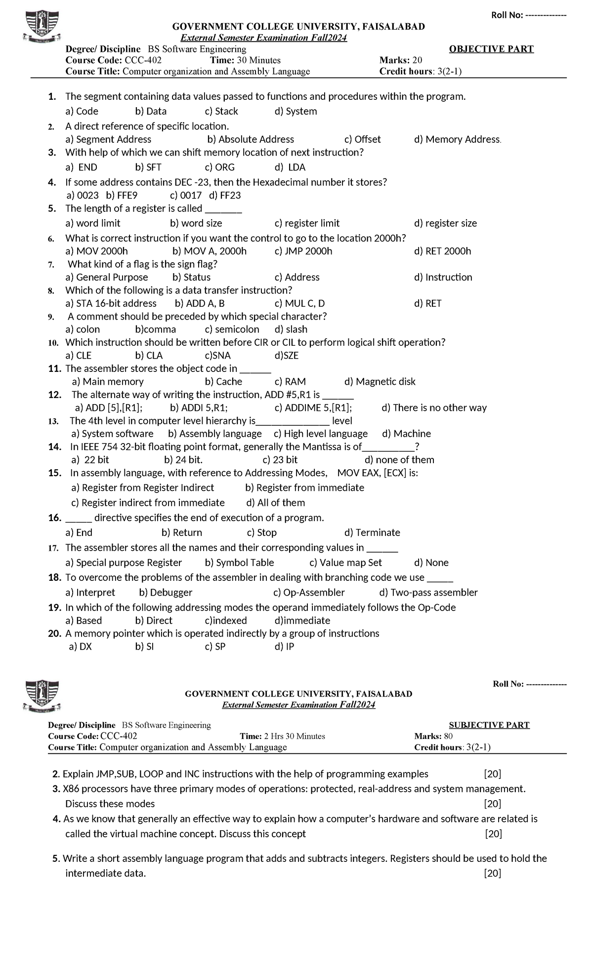 Assembly Language CCC-402 Objective & Subjective Exam Overview - Studocu