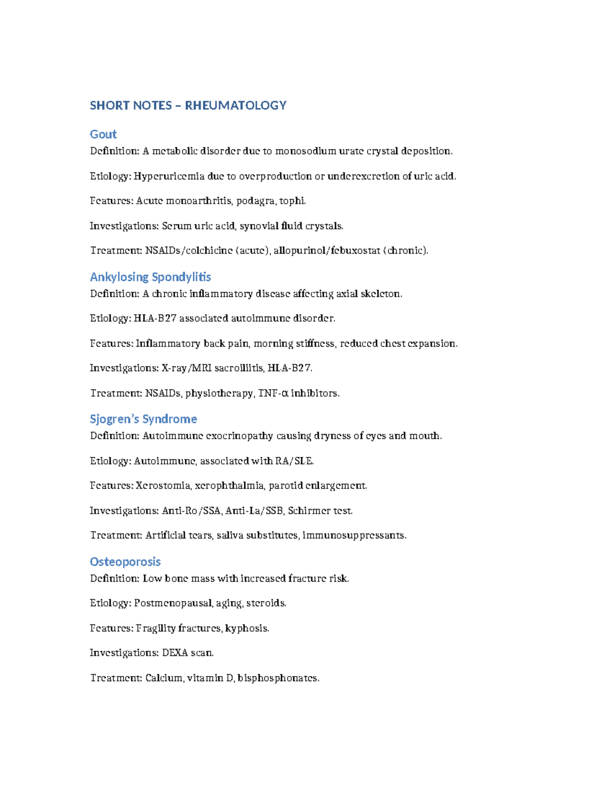 RHEUM 101: Short Notes on Gout, AS, and Osteoporosis - Studocu