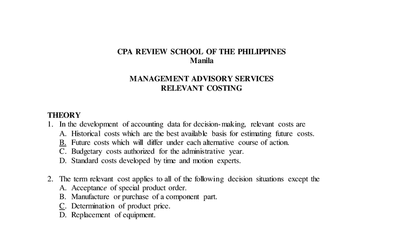 CPA REVIEW: MANAGEMENT ADVISORY SERVICES - RELEVANT COSTING THEORY ...