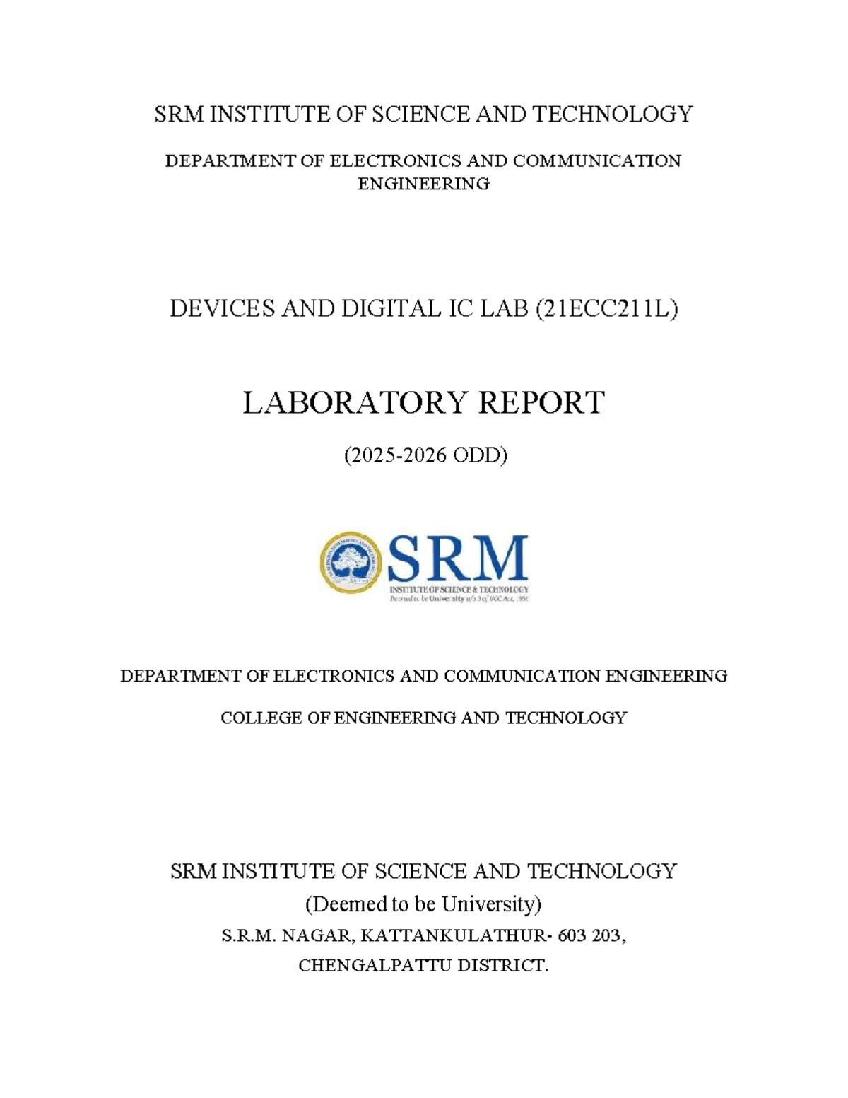 21ECC211L Devices and Digital IC Lab Report (Odd Semester) - Studocu