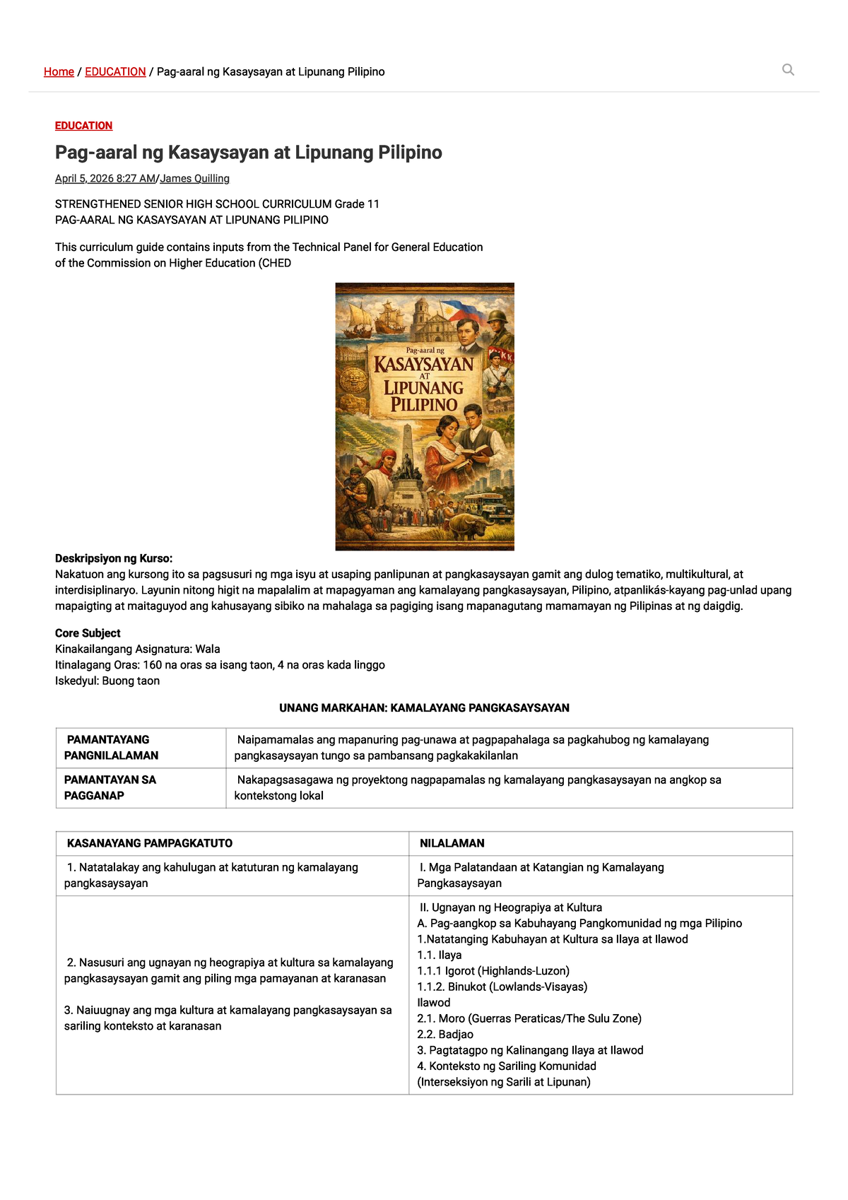 Pag-aaral ng Kasaysayan at Lipunang Pilipino (Grade 11) - Curriculum Guide - Document Preview