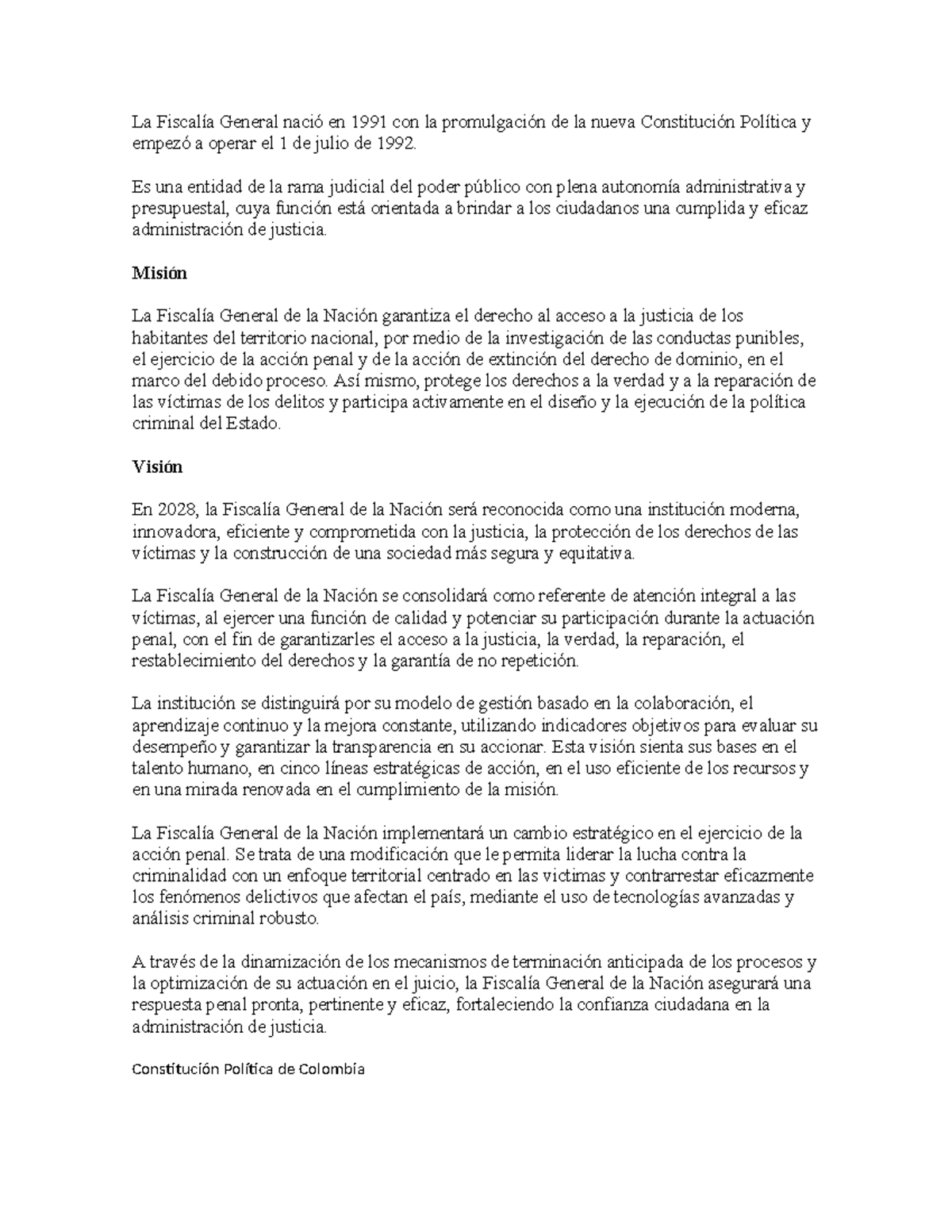 Historia y Misión de la Fiscalía General de la Nación (1991-2028) - Studocu
