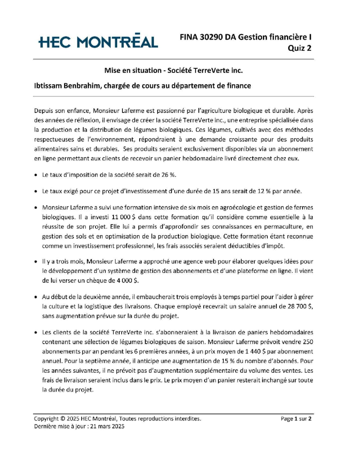 HEC MONTREAL FINA 30290 DA Quiz 2: Projet TerreVerte inc. Analyse ...