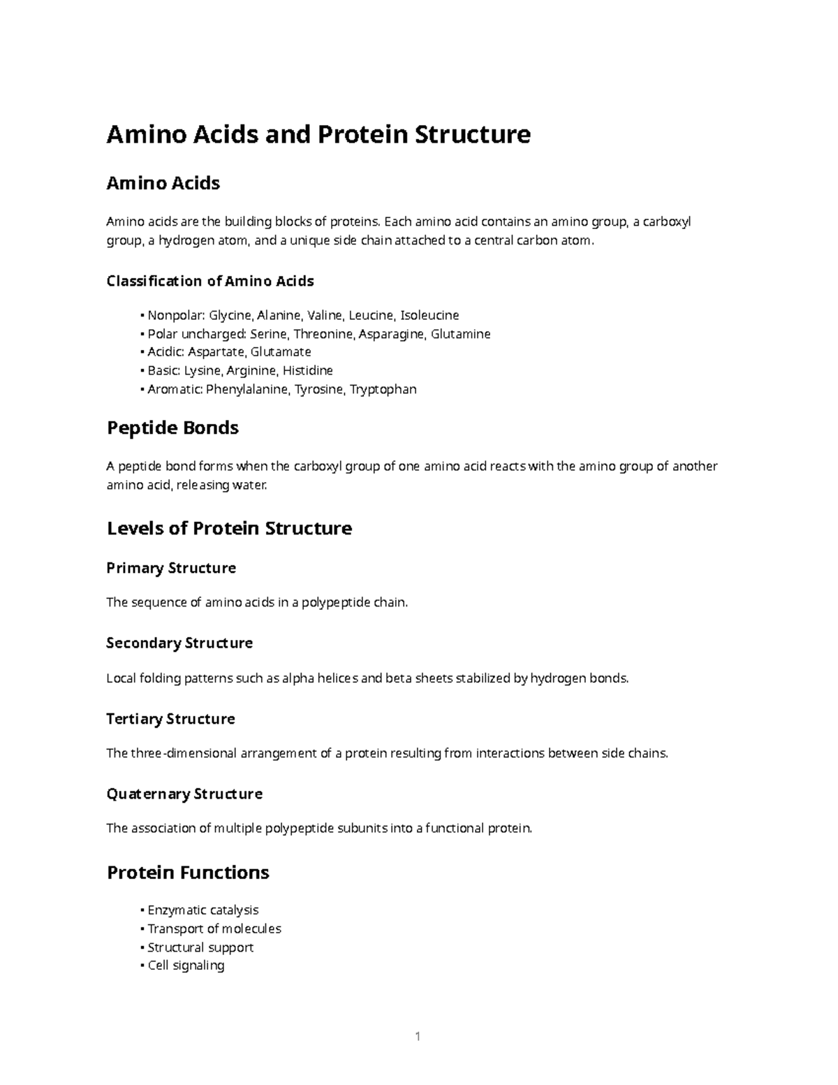Amino Acids & Protein Structure: Key Concepts and Functions - Studocu