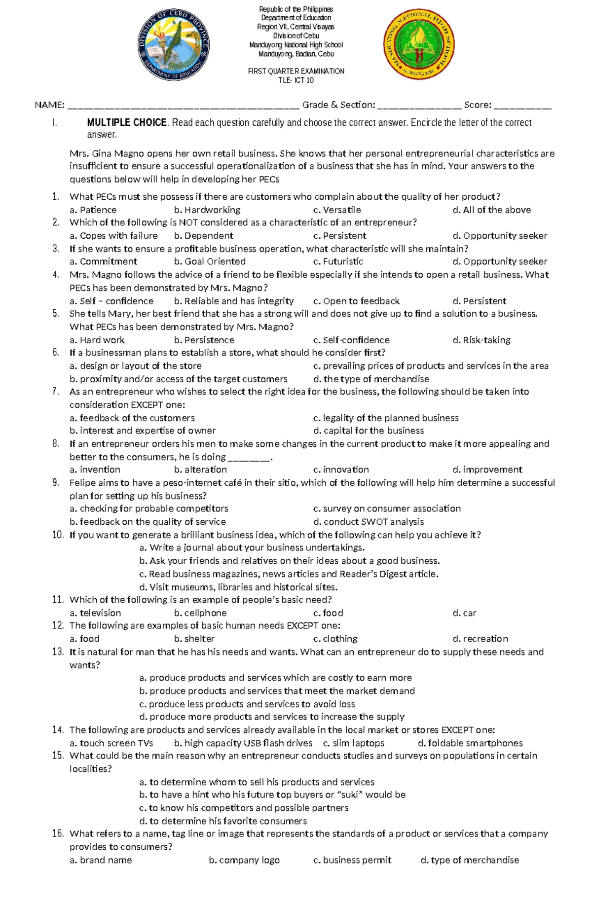 Math 9 - 2nd Quarter Summative Test Examination Review - Studocu