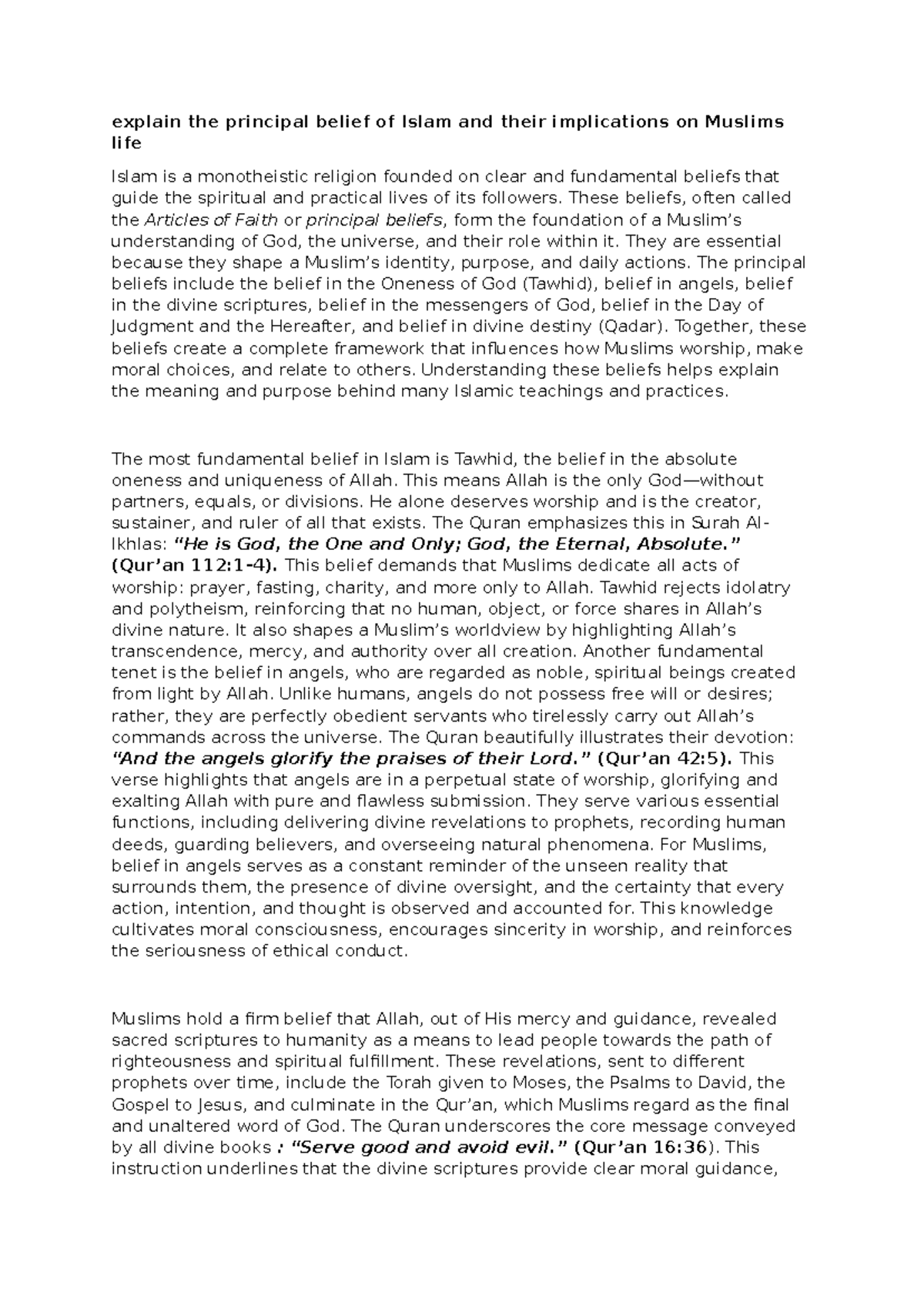 Islamic Essay Notes: Principal Beliefs and Their Impact on Life - Studocu