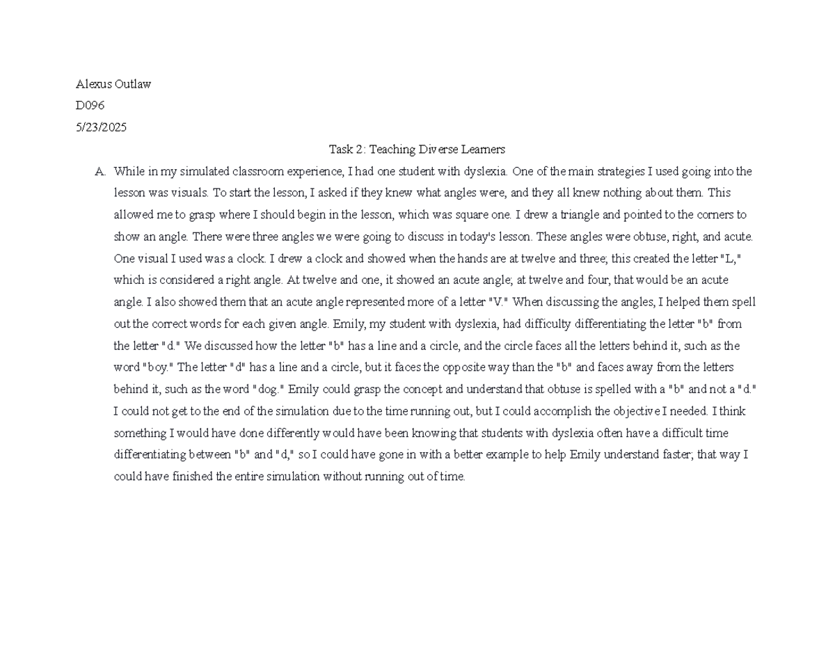 D096 Task 2: Strategies for Teaching Students with Dyslexia - Studocu