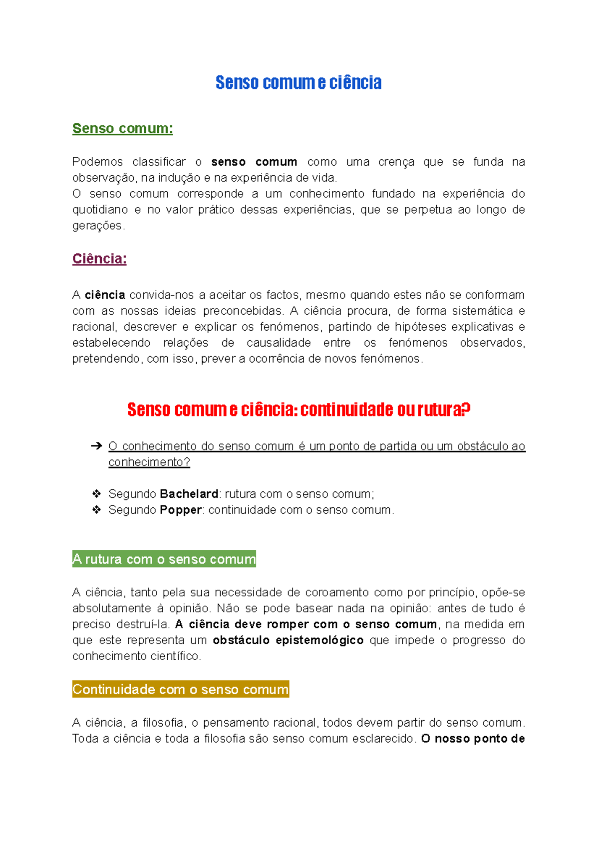 Resumos Filo101: Senso Comum e Ciência – Perspectivas e Métodos - Studocu