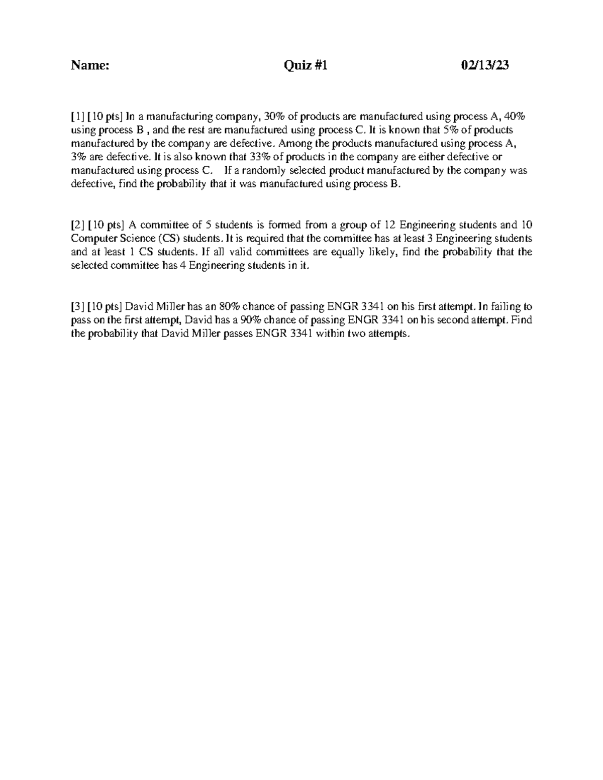 Quiz 1 - Probability Concepts ENGR 3341 Spring 2023 - Studocu