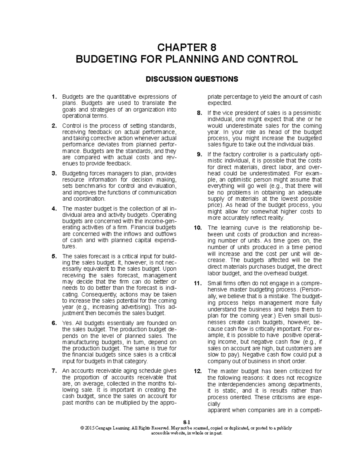 Chapter 8 - Budgeting for Planning and Control - Studocu