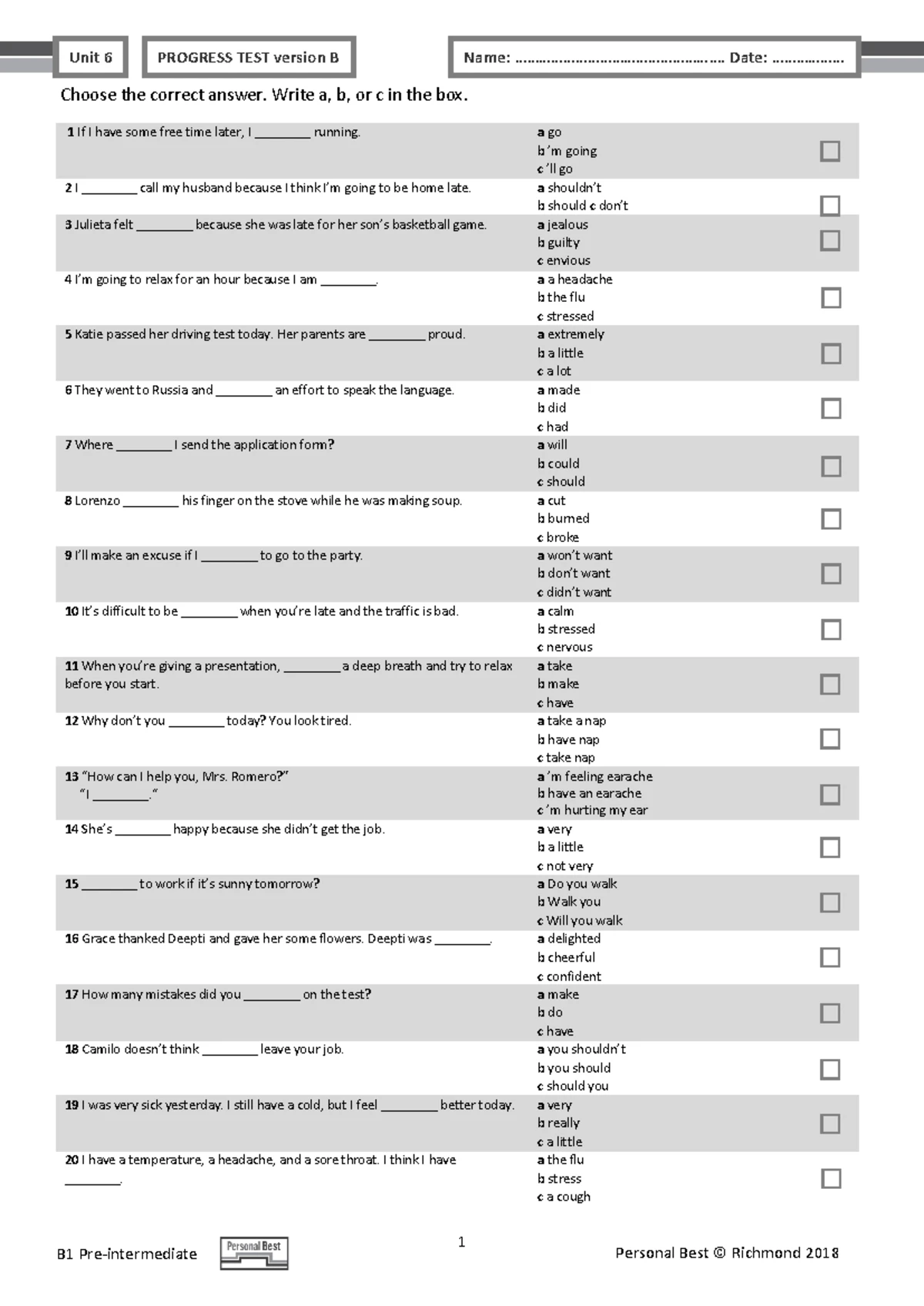 PB Am E B1 Unit Test U1 Progress Test Version A - Studocu