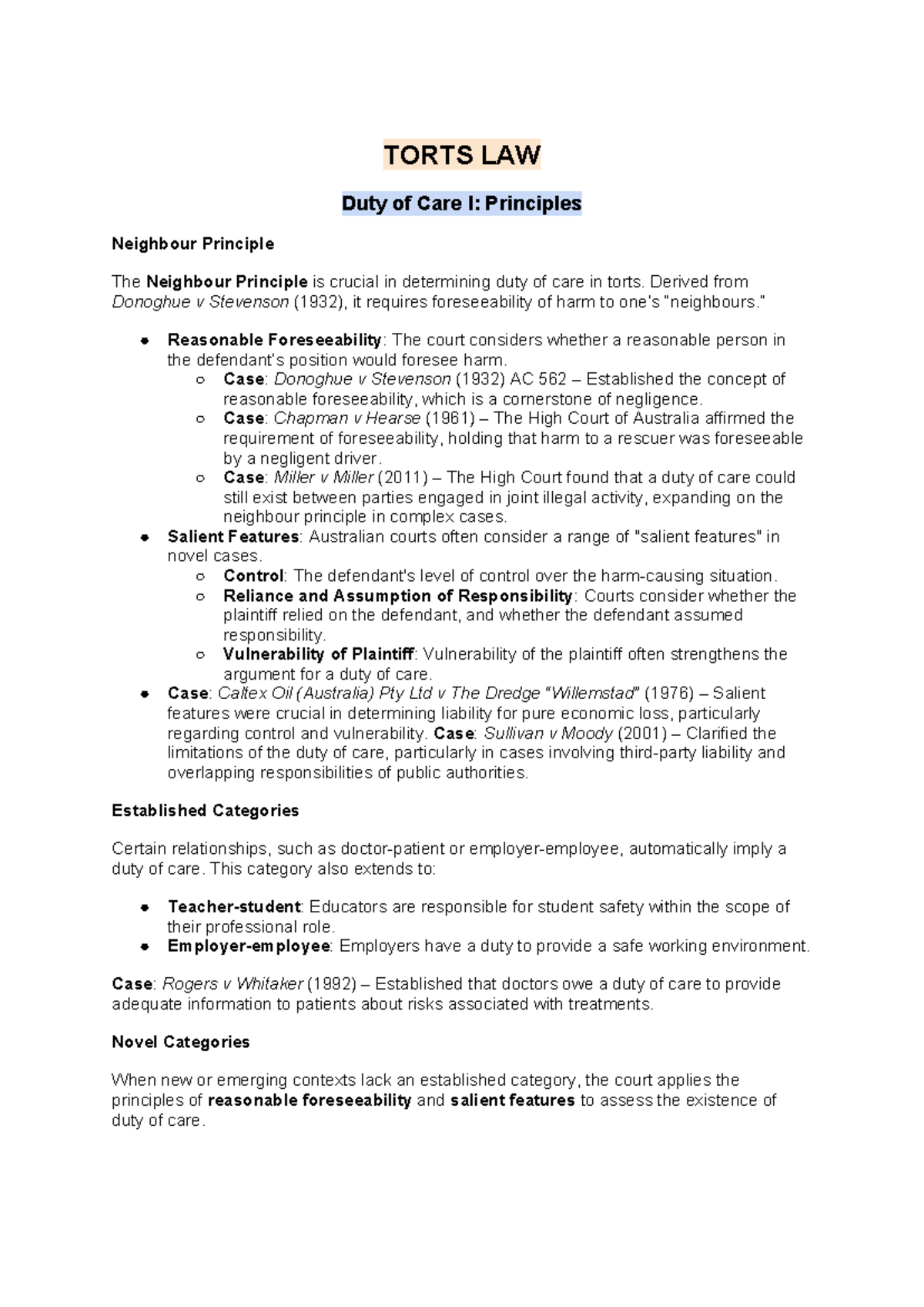 Torts Law Notes: Duty of Care, Negligence, and Damages Overview - Studocu