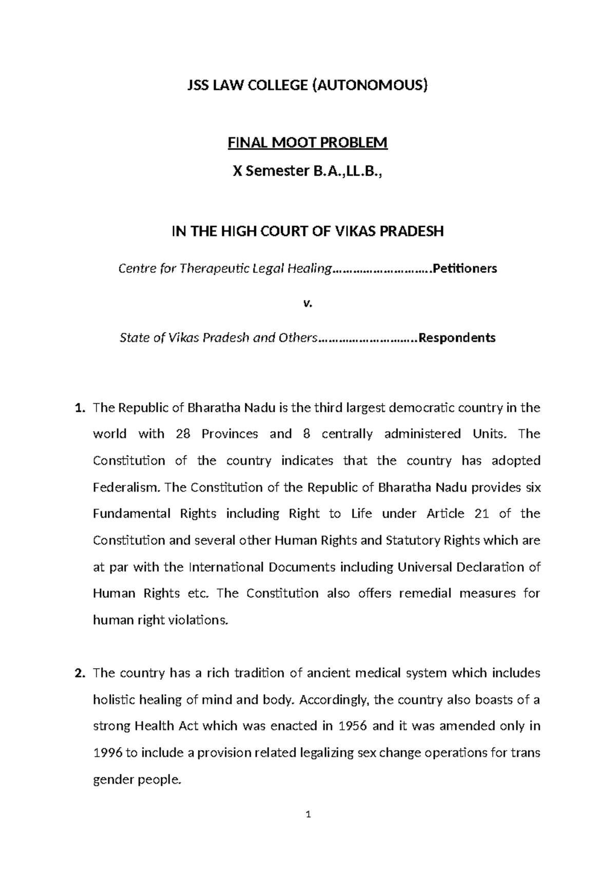 FINAL MOOT PROBLEM - JSS LAW COLLEGE (AUTONOMOUS) BLL X Sem - Studocu