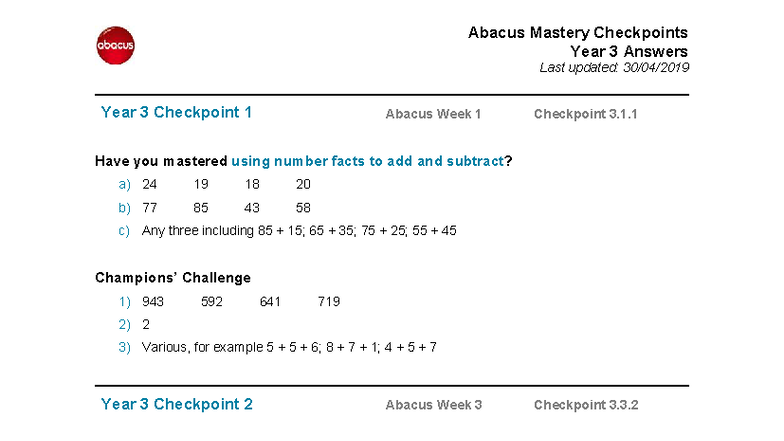 Year 3 Abacus Mastery Checkpoint Review and Answers - Studocu