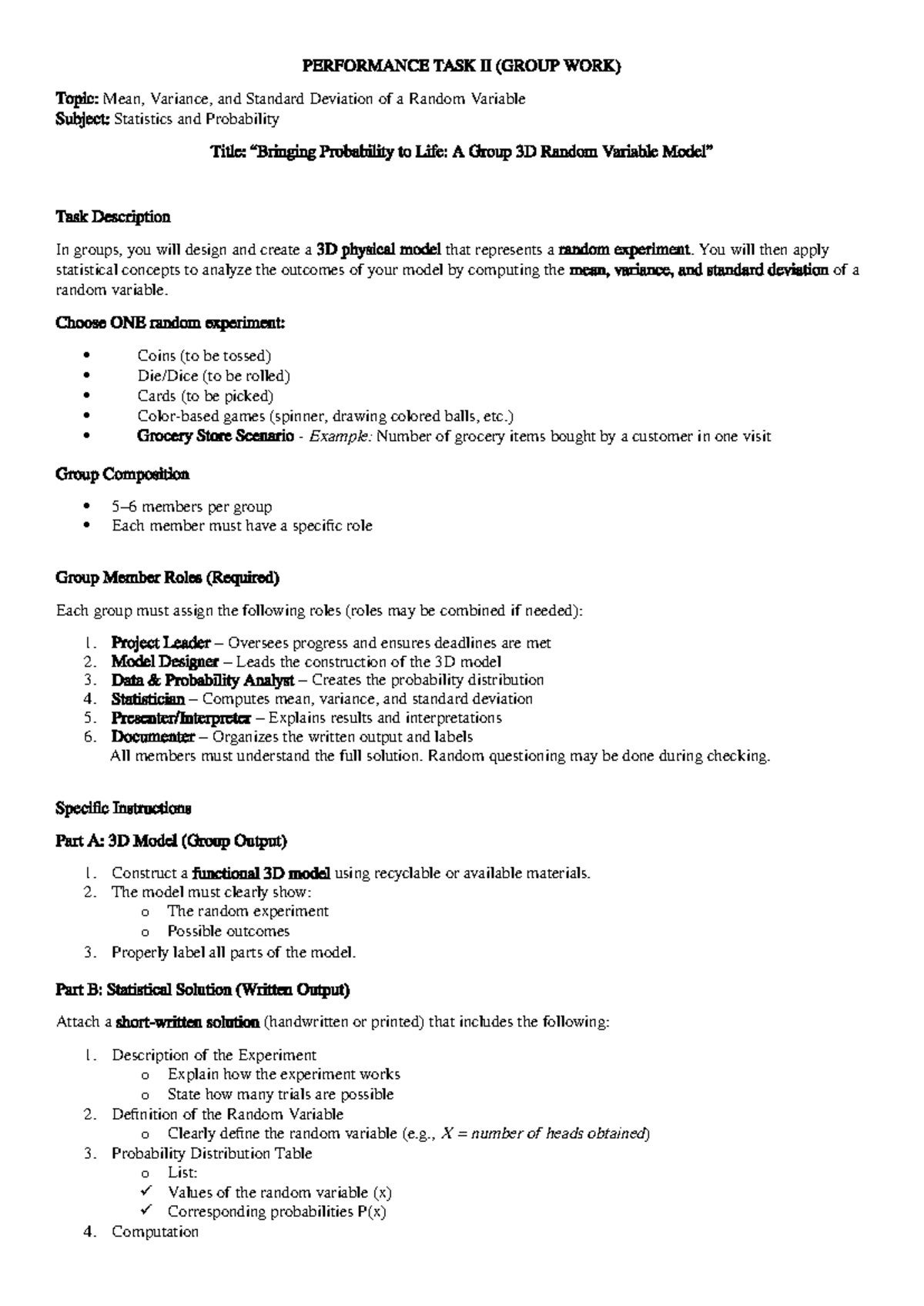 STAT 101: Performance Task II - Analyzing Random Variables - Studocu