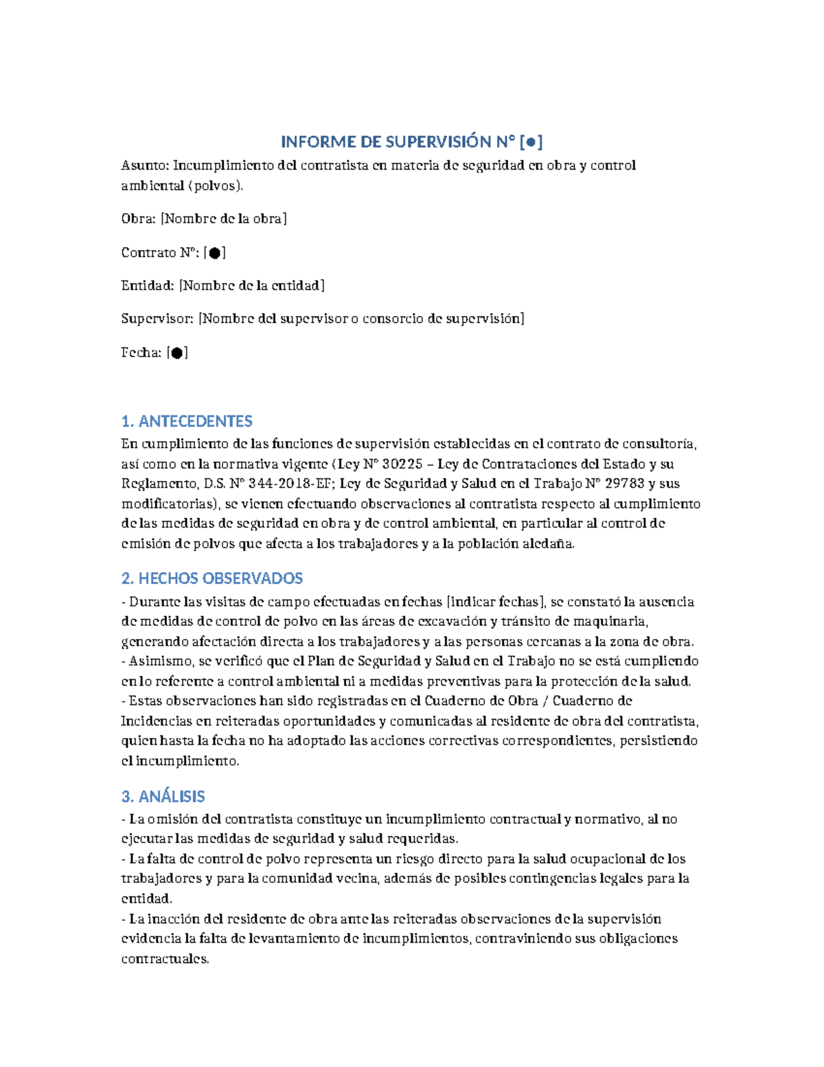 Informe de Supervisión de Seguridad en Obra: Incumplimiento del Contratista - Document Preview